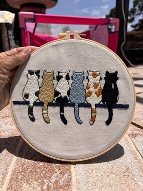 Handmade 8” Embroidered Cat Line Wall Hoop – Multicolor Cat Silhouettes